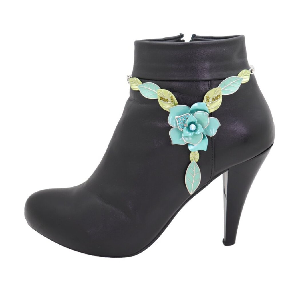 Women Silver Metal Chain 2 Boot Bracelet Shoe Anklet Baby Blue Flower Charm PAIR - Picture 14 of 16